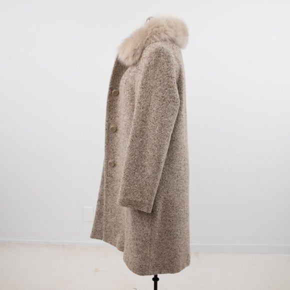 Vintage 90s M/L Fox Fur Collar Tweed Coat Tan - Picture 10 of 15